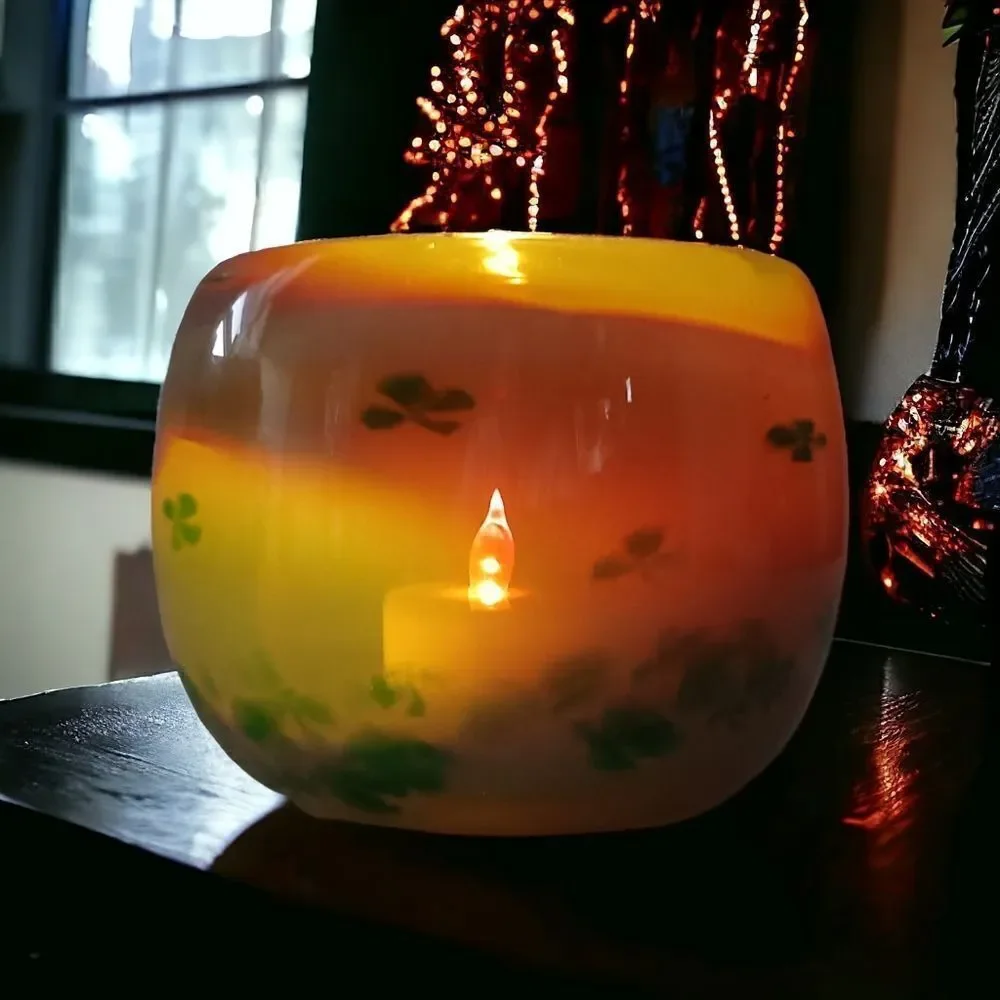 Hand Blown Studio Art Glass Votive Candle Holder Green Floral Tealight‎ Signed